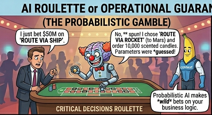 Cartoon: AI roulette versus operational guarantee top-left panel